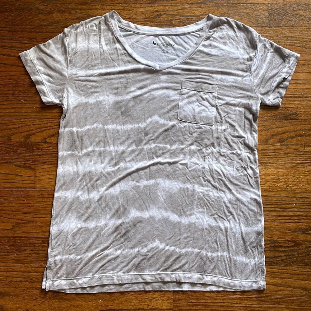 Ugg Koolaburra Gray and White Striped V-Neck Pocket T-Shirt